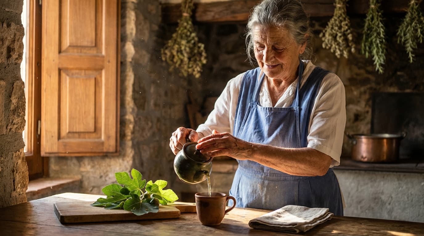 Maria, 84, brewing fig leaf tea in her Calabrian kitchen