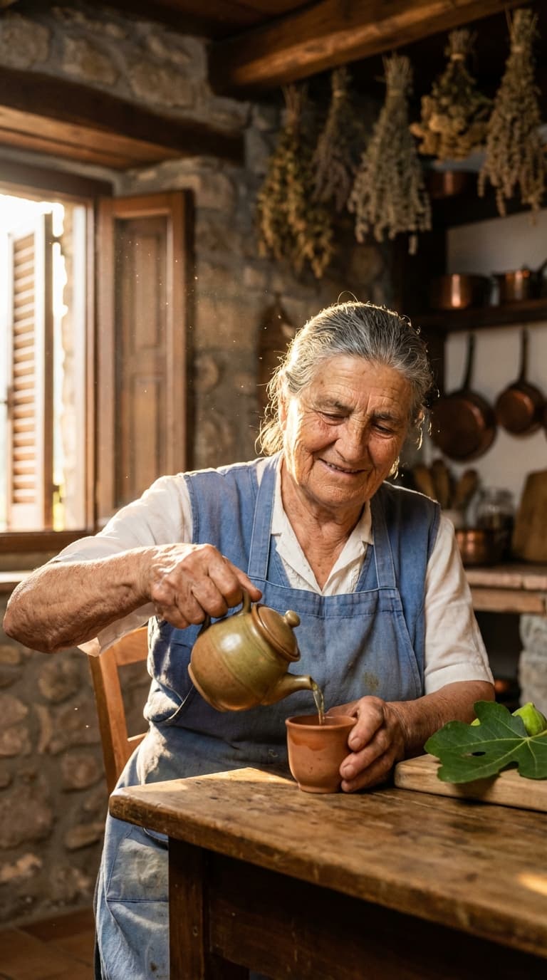 Maria, 84, brewing fig leaf tea in her Calabrian kitchen